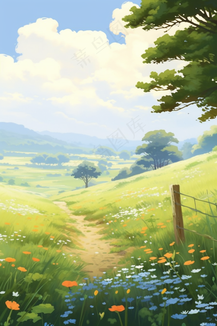 夏日风光草原山林花丛卡通插画背景(2688x4032)