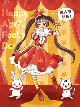 愚人节马戏团小丑搞怪搞笑卡通手绘插图插画海报PSD素材