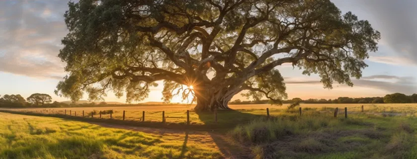 阳光夕照田野中的一棵树的照片摄影图