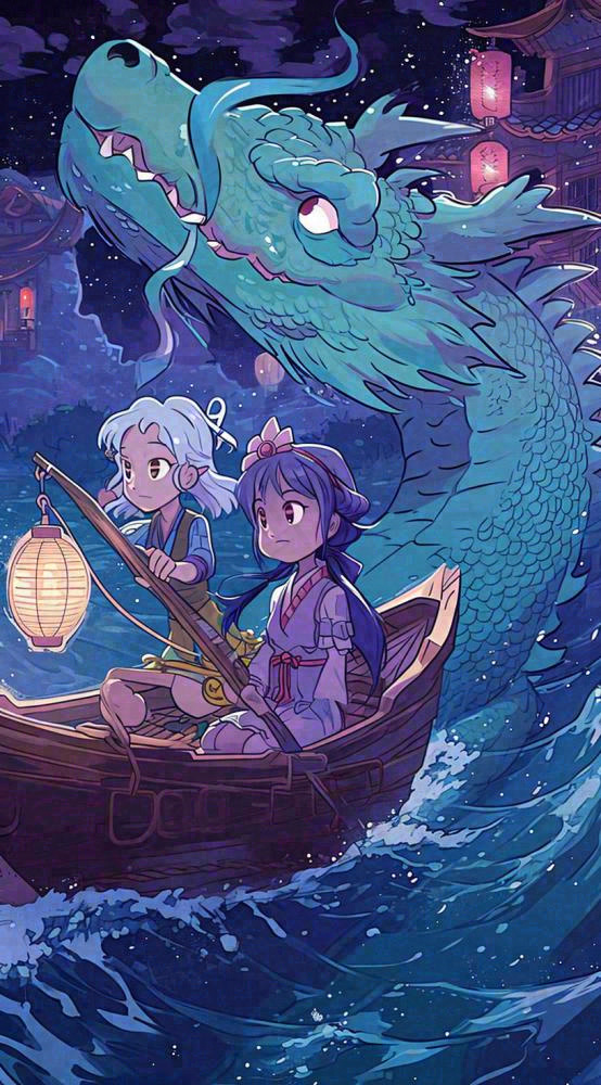创意卡通古风河面人物游船，夜晚龙灯笼光照，海浪水面(816x1472)