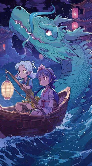 创意卡通古风河面人物游船，夜晚龙灯笼光照，海浪水面