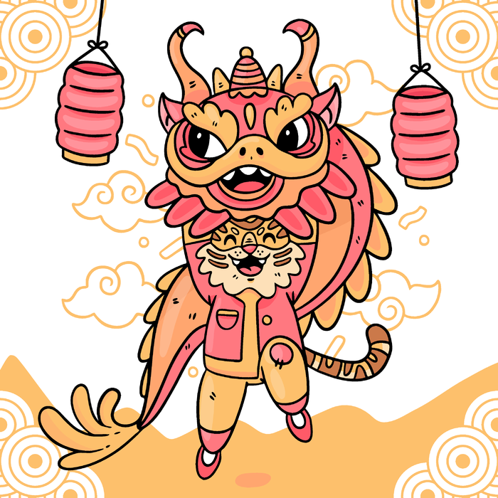 新年虎年舞狮插画 