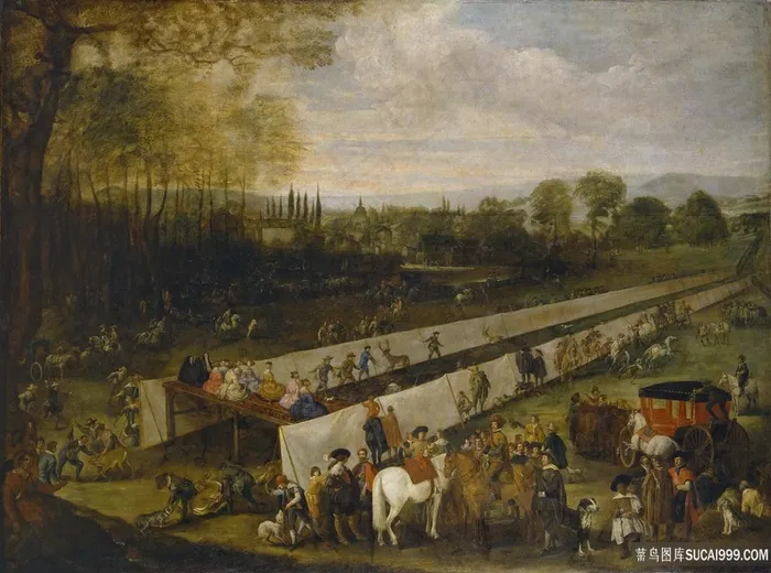 人群骑士唯美风景画油画