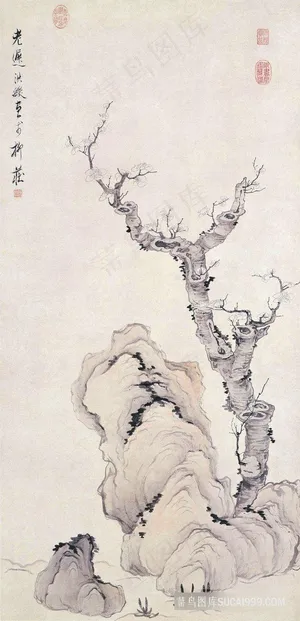 明 陈洪绶 梅石图仟像中式挂画