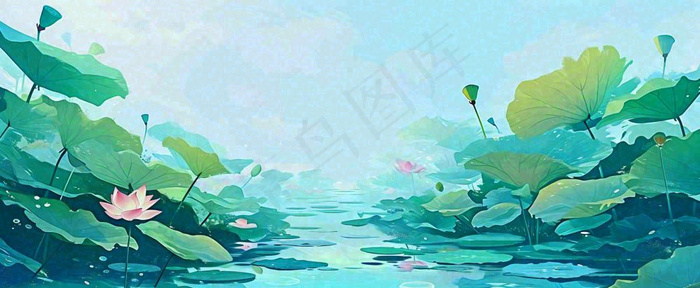 夏天池塘荷花池荷花荷叶河流插画手绘，夏至处暑小暑大暑(1712x704)