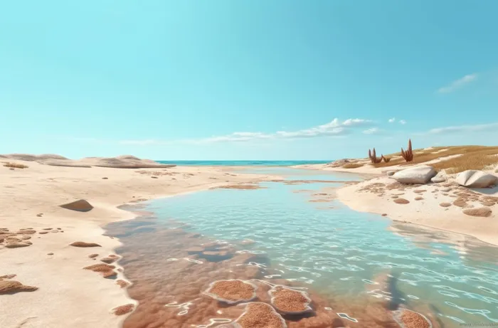 空旷的沙滩，清澈的海水，浅蓝色和浅米色的风格，超逼真的水摄影图(5440x3584)