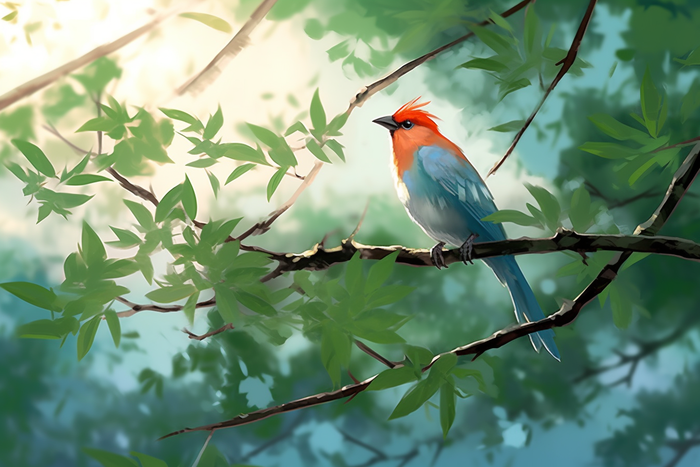 夏日小鸟站树枝上阳光绿叶卡通插画素材