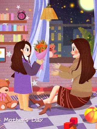 手绘卡通母亲节插画漫画素材