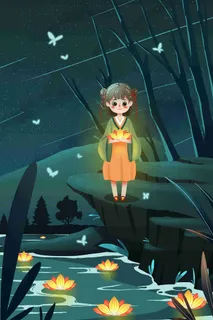 处暑夏天夏日夜景森林少女放河灯卡通插画