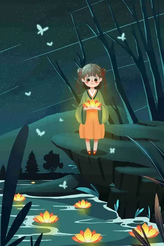 处暑夏天夏日夜景森林少女放河灯卡通插画