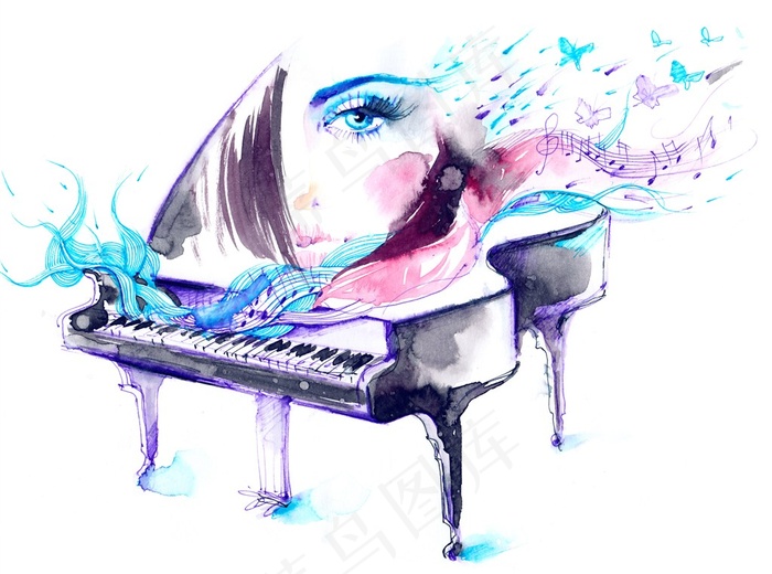 抽象水彩钢琴美女高清图片
