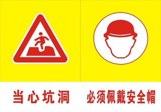 当心坑洞佩戴安全帽标志