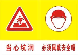 当心坑洞佩戴安全帽标志