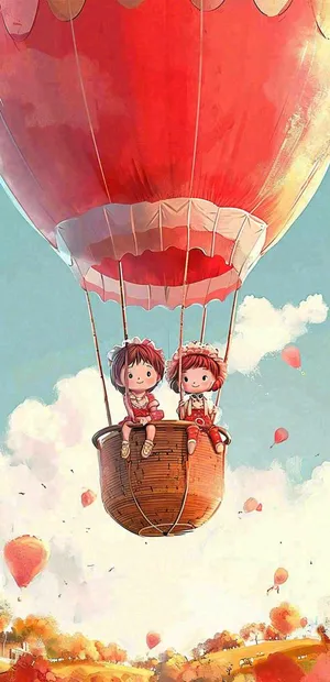 热气球可爱儿童天空插画，儿童节游玩