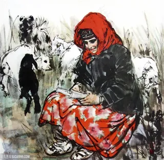 国画名家作品-黄胄的牧羊女