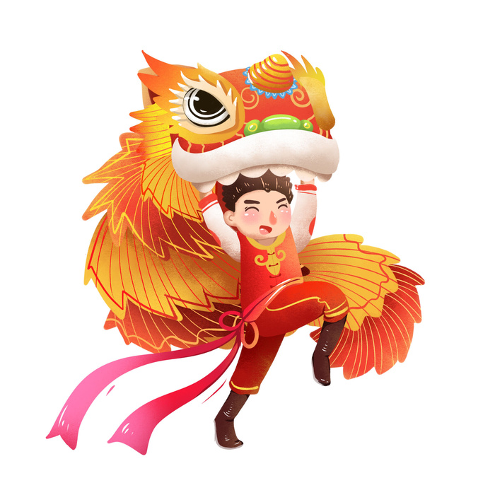 新年春节虎年元宵手绘人物舞狮卡通狮子头插画元素PSD设计素材