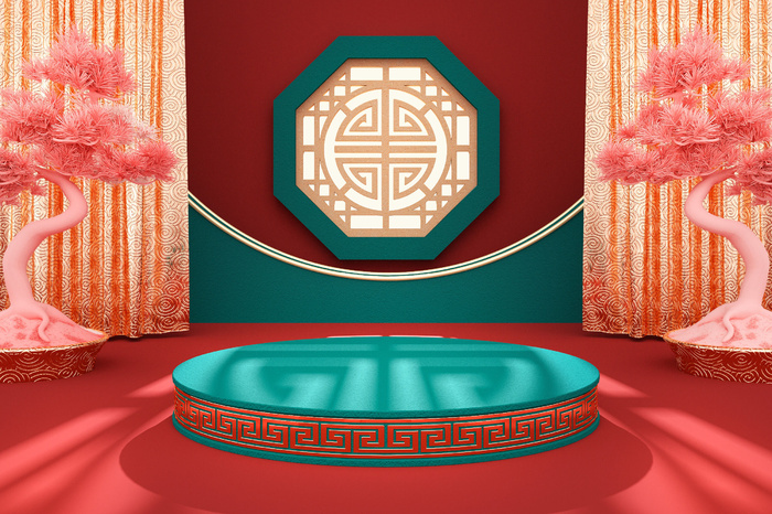 中国风古典喜庆C4D背景图3D国潮场景促销活动海报PSD设计素材模板