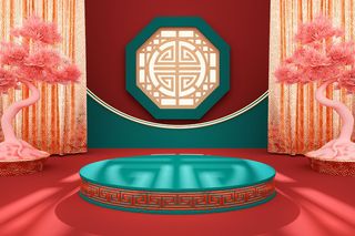 中国风古典喜庆C4D背景图3D国潮场景促销活动海报PSD设计素材模板