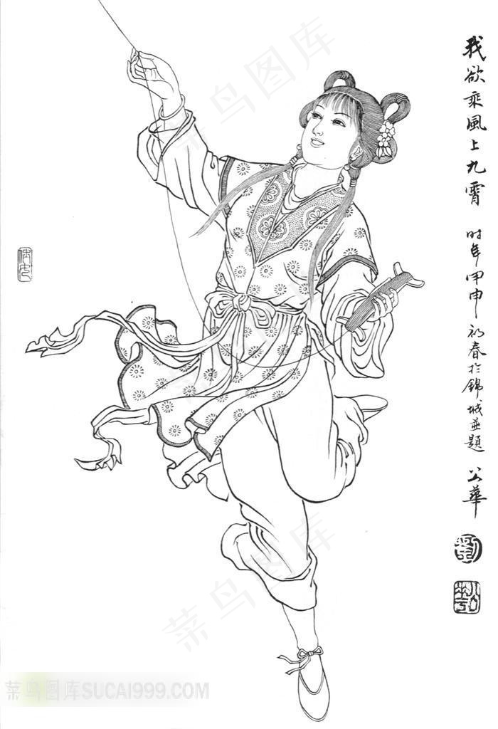 线笔画古代仕女素材图片
