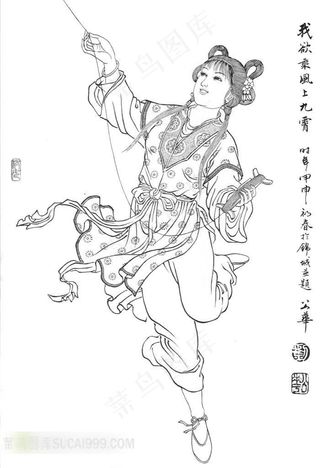线笔画古代仕女素材图片