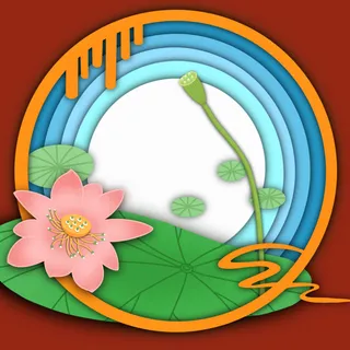 荷花荷叶-立体剪纸风-红橙蓝绿-插图素材