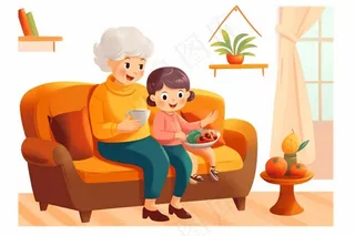 奶奶孙女品尝美食陪伴欢乐插画素材背景