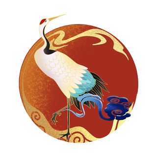 中国风国潮仙鹤山水插画手绘元素场景PSD设计素材