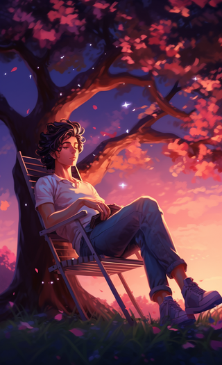 夕阳傍晚大树下坐着椅子上的少年男孩梦幻卡通插画