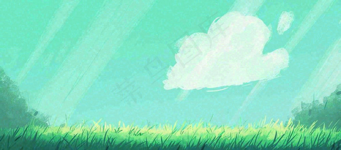 春天绿色插画手绘森林草地，白云阳光