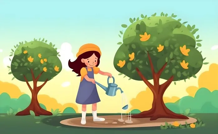 植树小女孩给树浇水大自然插画海报素材背景(5632x3456)