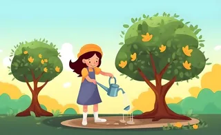 植树小女孩给树浇水大自然插画海报素材背景