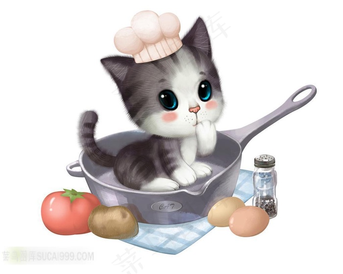 小猫西红柿土地鸡蛋锅插画