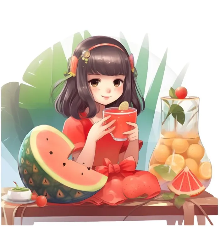 夏日西瓜冰饮水果女孩人物免抠(1842x1900)