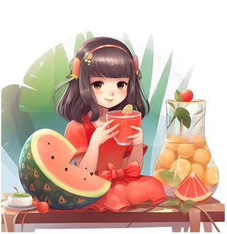 夏日西瓜冰饮水果女孩人物免抠
