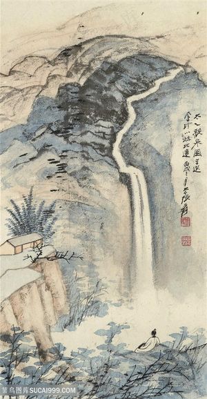 张大千手绘流水瀑布山脉风景画