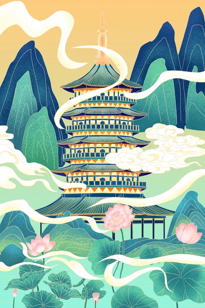 中国风国潮烫金仙鹤山水古建筑风景装饰插画背景PSD分层设计素材psd模版下载