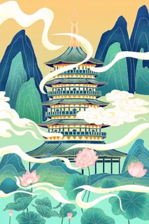 中国风国潮烫金仙鹤山水古建筑风景装饰插画背景PSD分层设计素材 中国风国潮烫金仙鹤山水古建筑风景装饰插画背景PSD分层设计素材