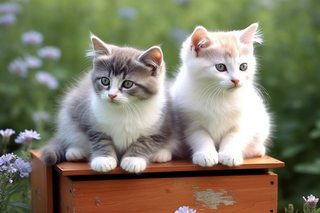 两只可爱的猫咪趴着花丛木箱上摄影图
