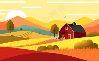 乡村村庄美丽风景河流插画农田插画背景