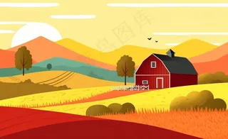 乡村村庄美丽风景河流插画农田插画背景