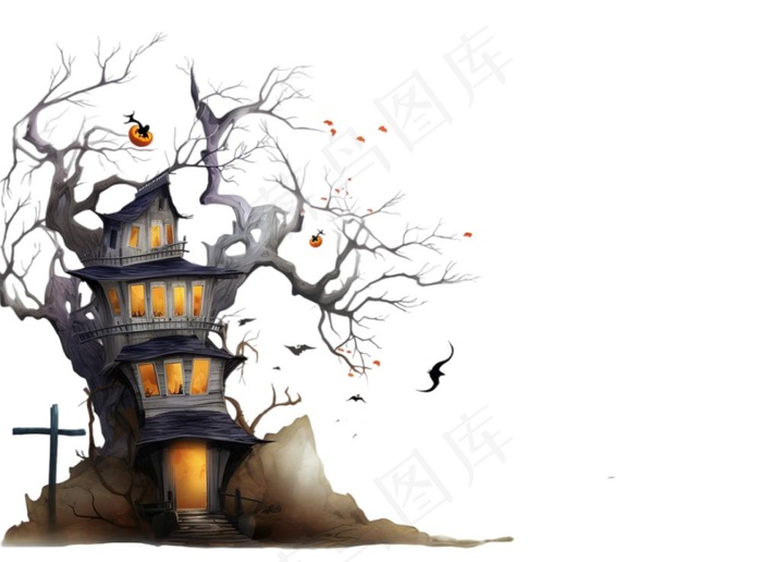 万圣节城堡树枝黑暗恐怖插画免抠(1280x944)