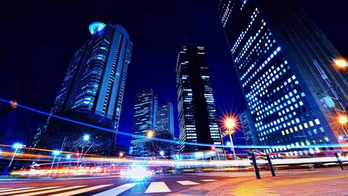 夜晚城市灯光摄影霓虹彩色背景素材