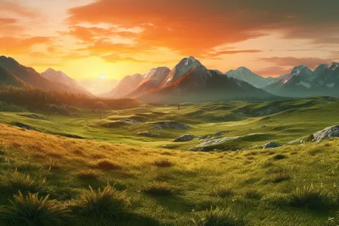 日出日落时的山景绿草如茵的摄影图 日出日落时的山景绿草如茵的摄影图