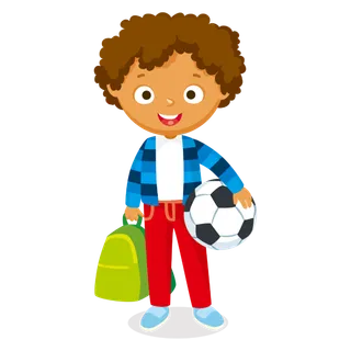 手里拿着足球和包的卡通男孩