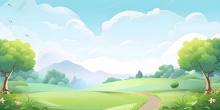 春天蓝天白云彩虹树林草坪手绘插画风景海报素材背景