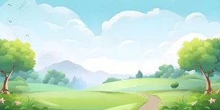 春天蓝天白云彩虹树林草坪手绘插画风景海报素材背景