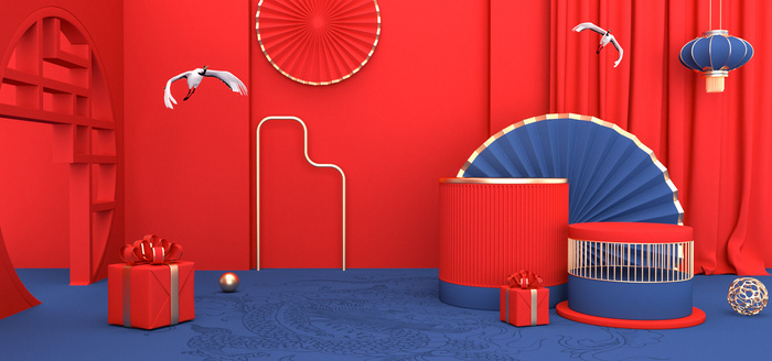 中国风国潮电商促销首页海报C4D背景图3D场景立体设计PSD素材模板