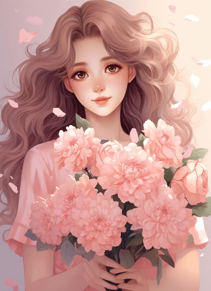 美丽少女抱着大捧粉色鲜花卡通插画(x)