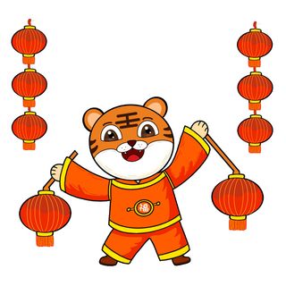 2022虎年吉祥物卡通公仔小老虎形象设计福字元素手绘插画psd素材