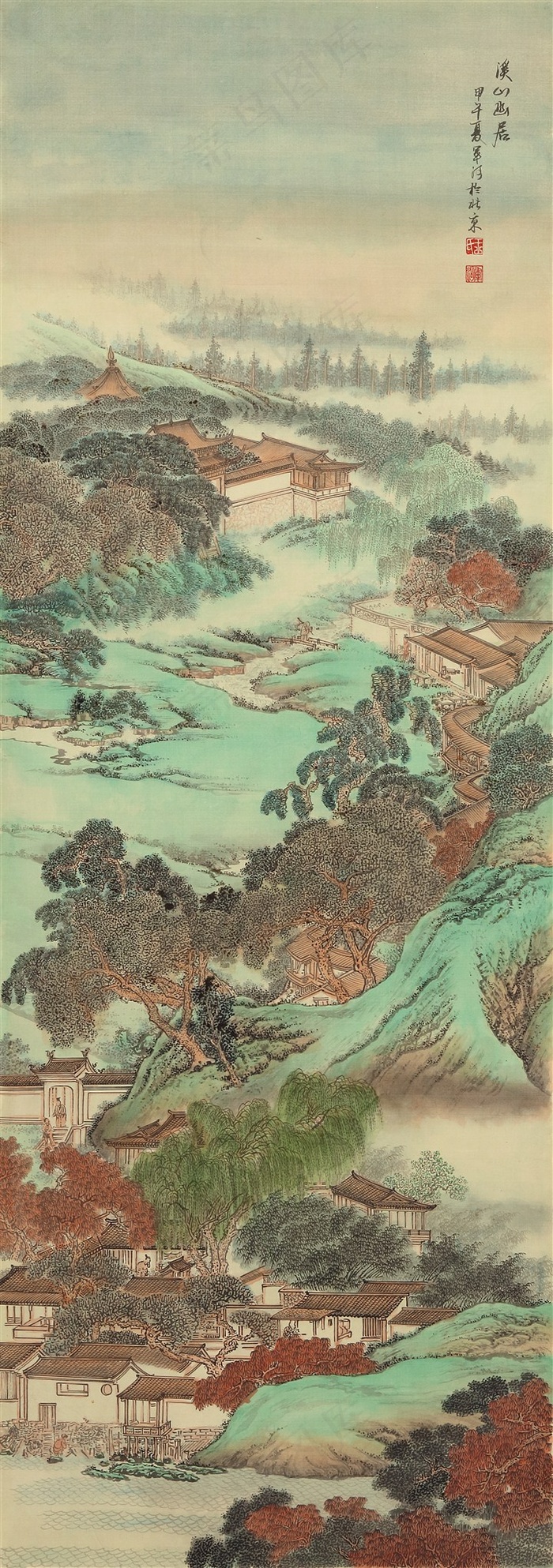高清界画当代画家王军河绘制溪山幽居图鬼脸皴仙山亭台楼阁古松树仿古